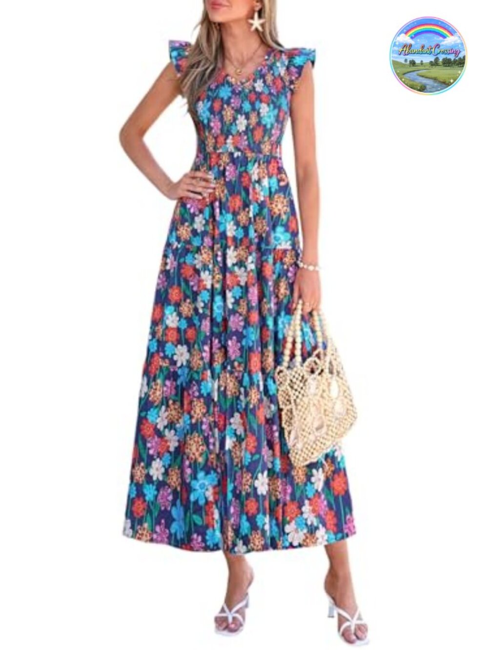 Smocked Boho Floral Maxi Dress Summer Cotton A-Line V-Neck